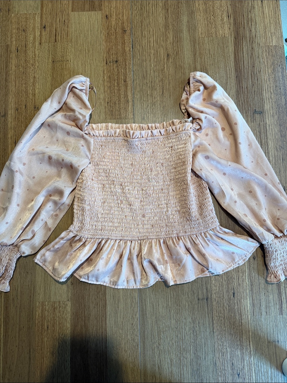 mine Peach Polka-Dot Smocked Peplum Blouse with Puff Sleeves